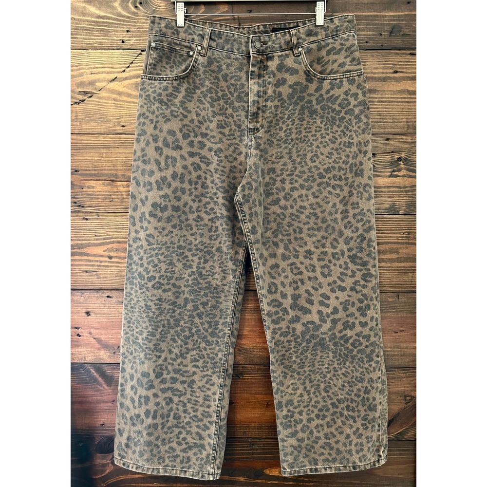 Zara Leopard Print Jeans Women 12 Brown Animal Print High Rise Wide Leg Grunge
